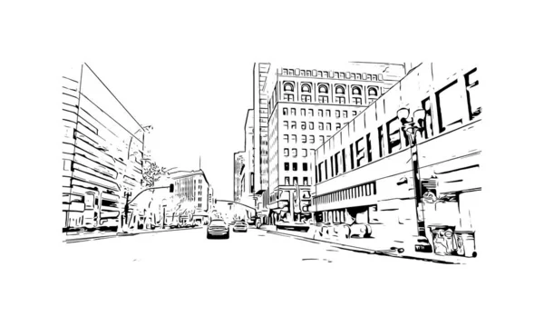 Print Building View Landmark Oakland City California Hand Drawn Sketch — Stock vektor