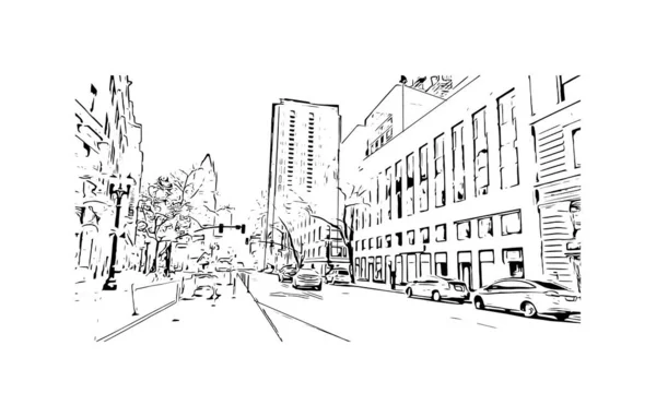 Print Building View Landmark Oakland City California Hand Drawn Sketch — 스톡 벡터