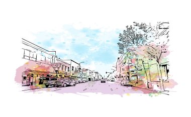 Print Building view with landmark of Oakland is the city in California. Watercolor splash with hand drawn sketch illustration in vector.