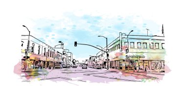 Print Building view with landmark of Oakland is the city in California. Watercolor splash with hand drawn sketch illustration in vector.