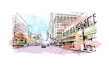 Print Building view with landmark of Oakland is the city in California. Watercolor splash with hand drawn sketch illustration in vector.