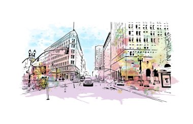 Print Building view with landmark of Oakland is the city in California. Watercolor splash with hand drawn sketch illustration in vector.