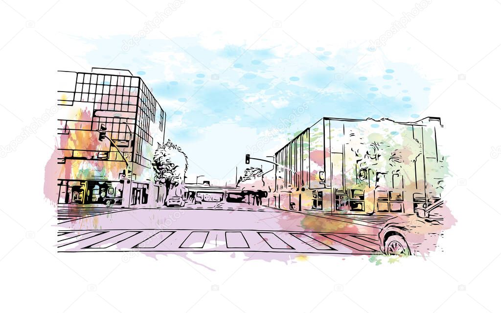 Print Building view with landmark of Oakland is the city in California. Watercolor splash with hand drawn sketch illustration in vector.