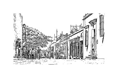 Print Building view with landmark of Oaxaca is the city in Mexico. Hand drawn sketch illustration in vector.