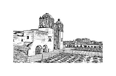Print Building view with landmark of Oaxaca is the city in Mexico. Hand drawn sketch illustration in vector.