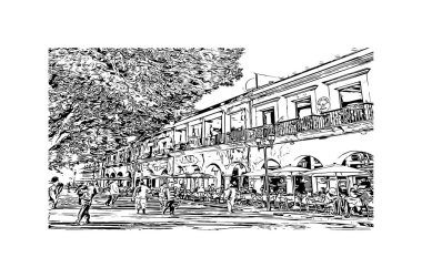 Print Building view with landmark of Oaxaca is the city in Mexico. Hand drawn sketch illustration in vector.