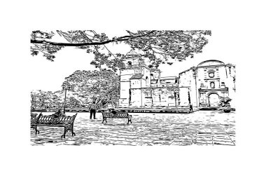 Print Building view with landmark of Oaxaca is the city in Mexico. Hand drawn sketch illustration in vector.