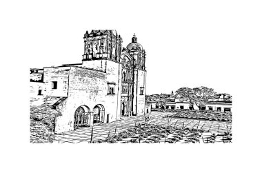 Print Building view with landmark of Oaxaca is the city in Mexico. Hand drawn sketch illustration in vector.