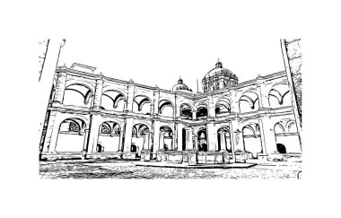 Print Building view with landmark of Oaxaca is the city in Mexico. Hand drawn sketch illustration in vector.