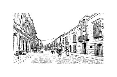Print Building view with landmark of Oaxaca is the city in Mexico. Hand drawn sketch illustration in vector.