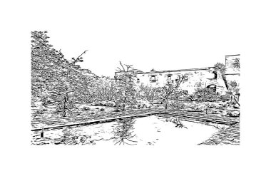 Print Building view with landmark of Oaxaca is the city in Mexico. Hand drawn sketch illustration in vector.