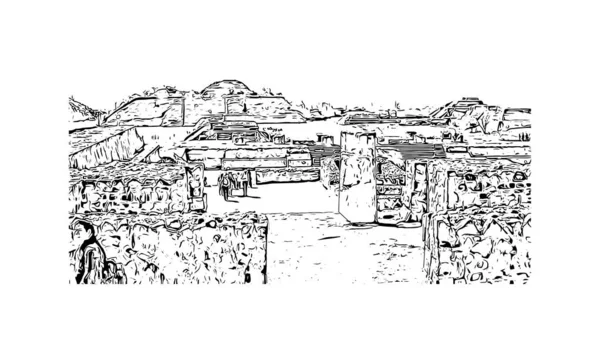 Print Building View Landmark Oaxaca City Mexico Hand Drawn Sketch — Image vectorielle