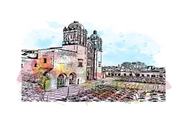 Print Building view with landmark of Oaxaca is the city in Mexico. Watercolor splash with hand drawn sketch illustration in vector.