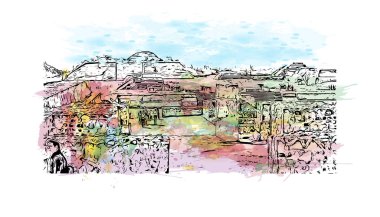 Print Building view with landmark of Oaxaca is the city in Mexico. Watercolor splash with hand drawn sketch illustration in vector.