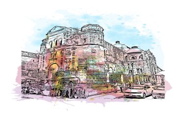 Print Building view with landmark of Oaxaca is the city in Mexico. Watercolor splash with hand drawn sketch illustration in vector.