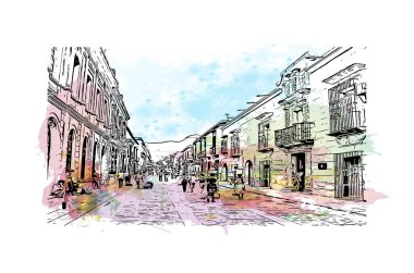 Print Building view with landmark of Oaxaca is the city in Mexico. Watercolor splash with hand drawn sketch illustration in vector.