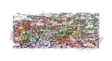 Print Building view with landmark of Oaxaca is the city in Mexico. Watercolor splash with hand drawn sketch illustration in vector.