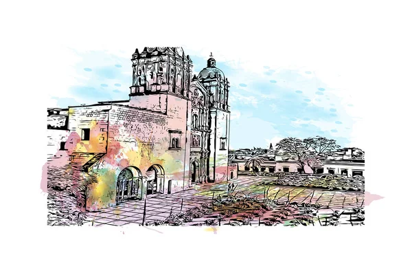 Print Building View Landmark Oaxaca City Mexico Watercolor Splash Hand — Vetor de Stock