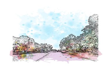 Print Building view with landmark of Ocala is a city in central Florida. Watercolor splash with hand drawn sketch illustration in vector.