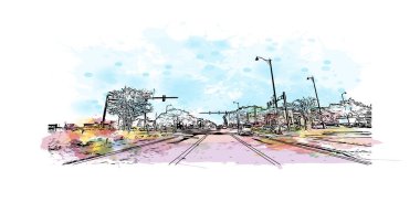 Print Building view with landmark of Ocala is a city in central Florida. Watercolor splash with hand drawn sketch illustration in vector.