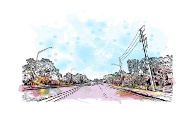 Print Building view with landmark of Ocala is a city in central Florida. Watercolor splash with hand drawn sketch illustration in vector.