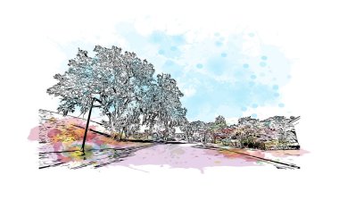 Print Building view with landmark of Ocala is a city in central Florida. Watercolor splash with hand drawn sketch illustration in vector.