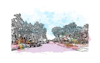 Print Building view with landmark of Ocala is a city in central Florida. Watercolor splash with hand drawn sketch illustration in vector.