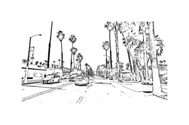 Print Building view with landmark of Oceanside is a coastal city in California. Hand drawn sketch illustration in vector.