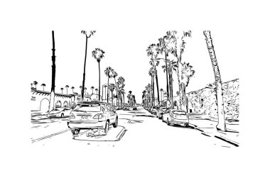 Print Building view with landmark of Oceanside is a coastal city in California. Hand drawn sketch illustration in vector.