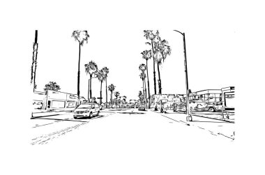 Print Building view with landmark of Oceanside is a coastal city in California. Hand drawn sketch illustration in vector.