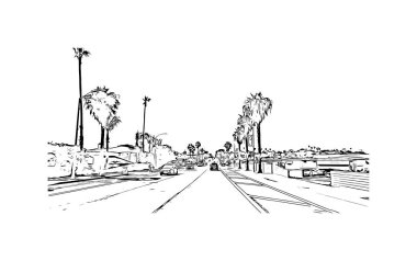 Print Building view with landmark of Oceanside is a coastal city in California. Hand drawn sketch illustration in vector.