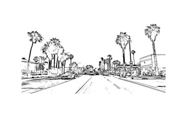 Print Building view with landmark of Oceanside is a coastal city in California. Hand drawn sketch illustration in vector.