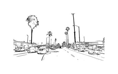 Print Building view with landmark of Oceanside is a coastal city in California. Hand drawn sketch illustration in vector.