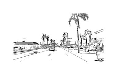 Print Building view with landmark of Oceanside is a coastal city in California. Hand drawn sketch illustration in vector.