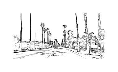 Print Building view with landmark of Oceanside is a coastal city in California. Hand drawn sketch illustration in vector.