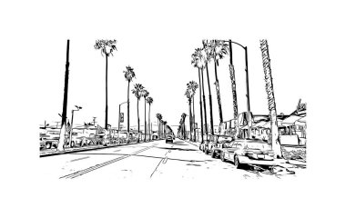 Print Building view with landmark of Oceanside is a coastal city in California. Hand drawn sketch illustration in vector.
