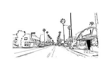 Print Building view with landmark of Oceanside is a coastal city in California. Hand drawn sketch illustration in vector.