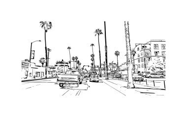 Print Building view with landmark of Oceanside is a coastal city in California. Hand drawn sketch illustration in vector.