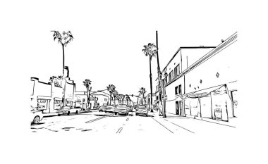 Print Building view with landmark of Oceanside is a coastal city in California. Hand drawn sketch illustration in vector.