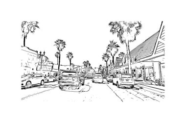 Print Building view with landmark of Oceanside is a coastal city in California. Hand drawn sketch illustration in vector.