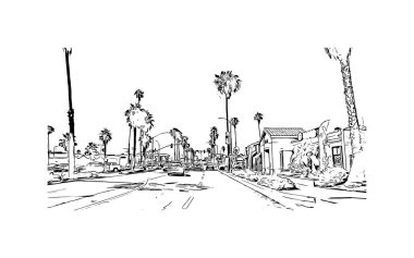 Print Building view with landmark of Oceanside is a coastal city in California. Hand drawn sketch illustration in vector.