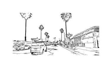 Print Building view with landmark of Oceanside is a coastal city in California. Hand drawn sketch illustration in vector.