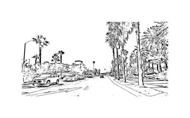 Print Building view with landmark of Oceanside is a coastal city in California. Hand drawn sketch illustration in vector.