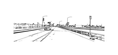 Print Building view with landmark of Oceanside is a coastal city in California. Hand drawn sketch illustration in vector.