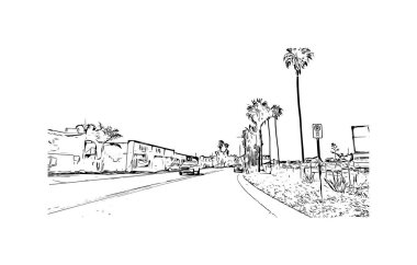 Print Building view with landmark of Oceanside is a coastal city in California. Hand drawn sketch illustration in vector.