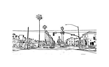 Print Building view with landmark of Oceanside is a coastal city in California. Hand drawn sketch illustration in vector.