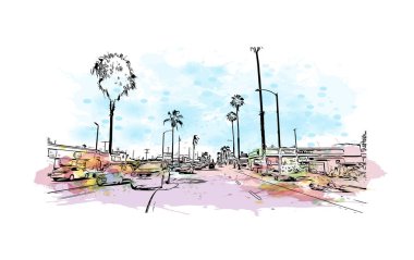 Print Building view with landmark of Oceanside is a coastal city in California. Watercolor splash with hand drawn sketch illustration in vector.