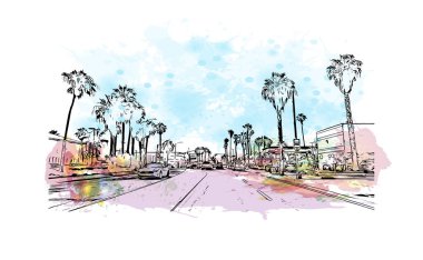 Print Building view with landmark of Oceanside is a coastal city in California. Watercolor splash with hand drawn sketch illustration in vector.