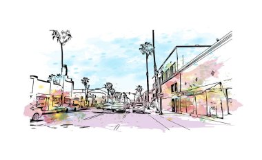 Print Building view with landmark of Oceanside is a coastal city in California. Watercolor splash with hand drawn sketch illustration in vector.