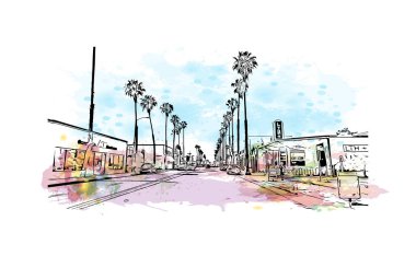 Print Building view with landmark of Oceanside is a coastal city in California. Watercolor splash with hand drawn sketch illustration in vector.